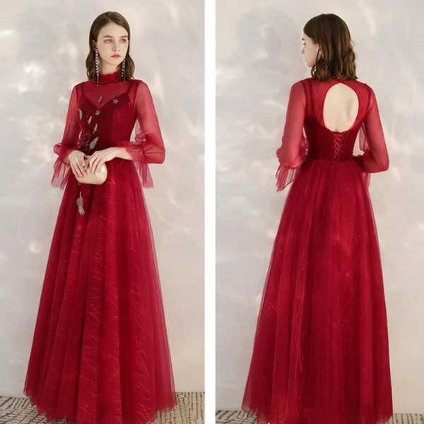 Vintage / Originale Rouge Transparentes Robe De Soirée 2020 Princesse Col Haut Manches Longues Appliques Paillettes Perlage Longue Volants Dos Nu Robe De Ceremonie