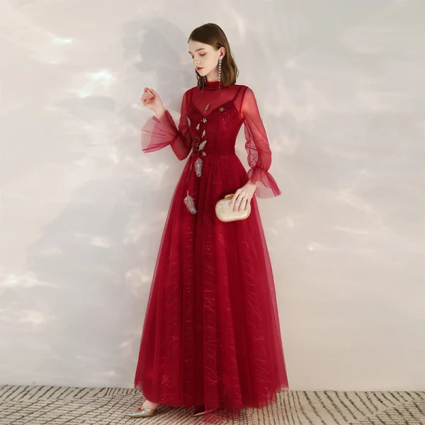 Vintage / Originale Rouge Transparentes Robe De Soirée 2020 Princesse Col Haut Manches Longues Appliques Paillettes Perlage Longue Volants Dos Nu Robe De Ceremonie