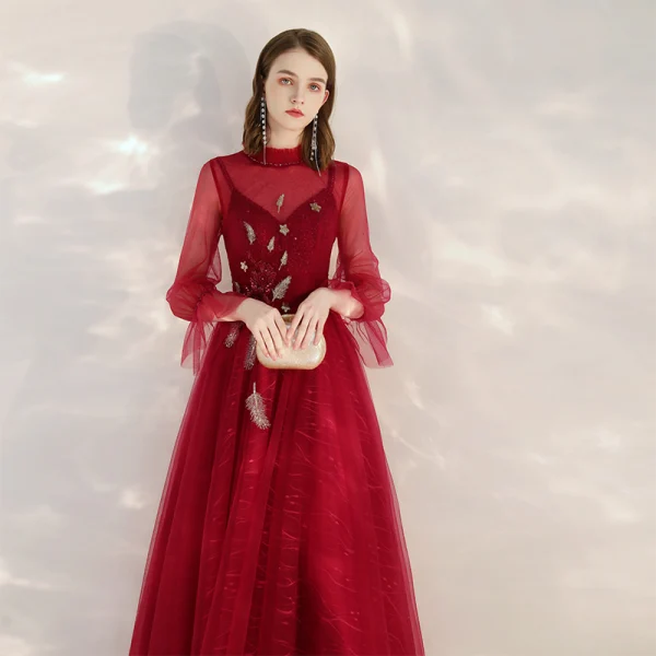 Vintage / Originale Rouge Transparentes Robe De Soirée 2020 Princesse Col Haut Manches Longues Appliques Paillettes Perlage Longue Volants Dos Nu Robe De Ceremonie