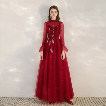 Vintage Retro Red See Through Evening Dresses 2020 A Line Princess High Neck Long Sleeve Appliques Sequins Beading Floor Length Long Ruffle Backless Formal Dresses