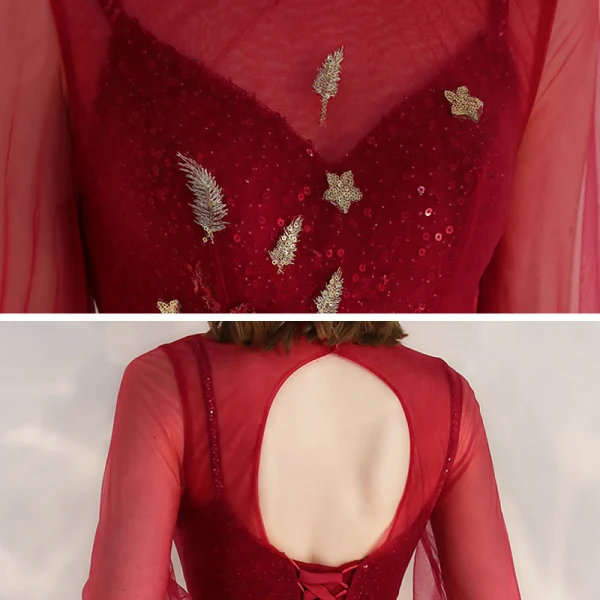 Vintage / Originale Rouge Transparentes Robe De Soirée 2020 Princesse Col Haut Manches Longues Appliques Paillettes Perlage Longue Volants Dos Nu Robe De Ceremonie