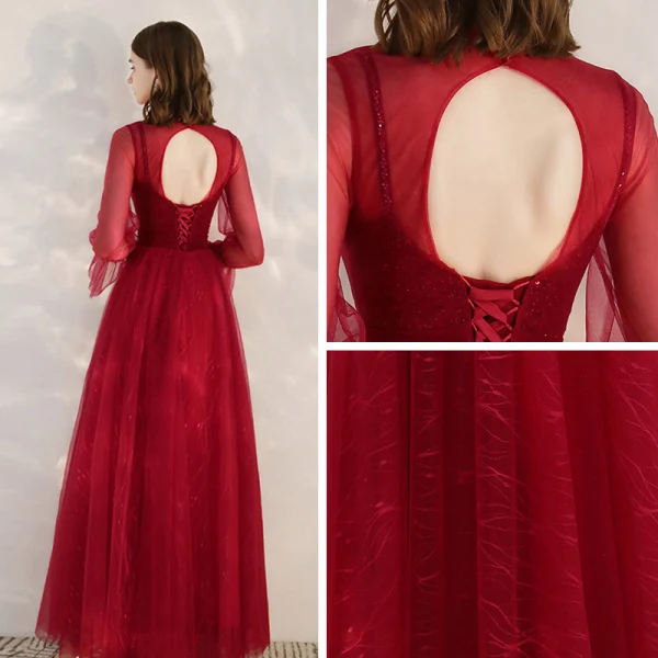 Vintage / Originale Rouge Transparentes Robe De Soirée 2020 Princesse Col Haut Manches Longues Appliques Paillettes Perlage Longue Volants Dos Nu Robe De Ceremonie