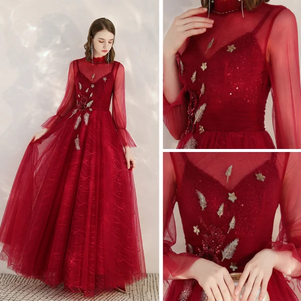 Vintage / Originale Rouge Transparentes Robe De Soirée 2020 Princesse Col Haut Manches Longues Appliques Paillettes Perlage Longue Volants Dos Nu Robe De Ceremonie