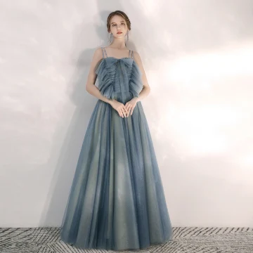 Elegant Ocean Blue Evening Dresses 2020 A Line Princess Spaghetti Straps Sleeveless Beading Rhinestone Glitter Tulle Floor Length Long Ruffle Backless Formal Dresses