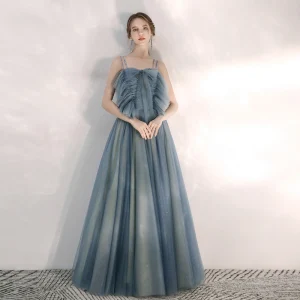 Elegant Ocean Blue Evening Dresses 2020 A Line Princess Spaghetti Straps Sleeveless Beading Rhinestone Glitter Tulle Floor Length Long Ruffle Backless Formal Dresses