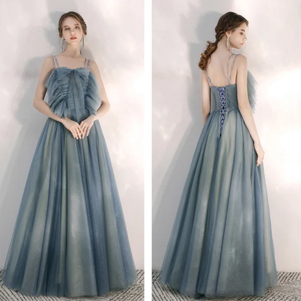 Elegante Meeresblau Abendkleider 2020 A Linie Spaghettiträger Ärmellos Perlenstickerei Strass Glanz Tülle Lange Rüschen Rückenfreies Festliche Kleider