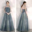 Elegante Meeresblau Abendkleider 2020 A Linie Spaghettiträger Ärmellos Perlenstickerei Strass Glanz Tülle Lange Rüschen Rückenfreies Festliche Kleider