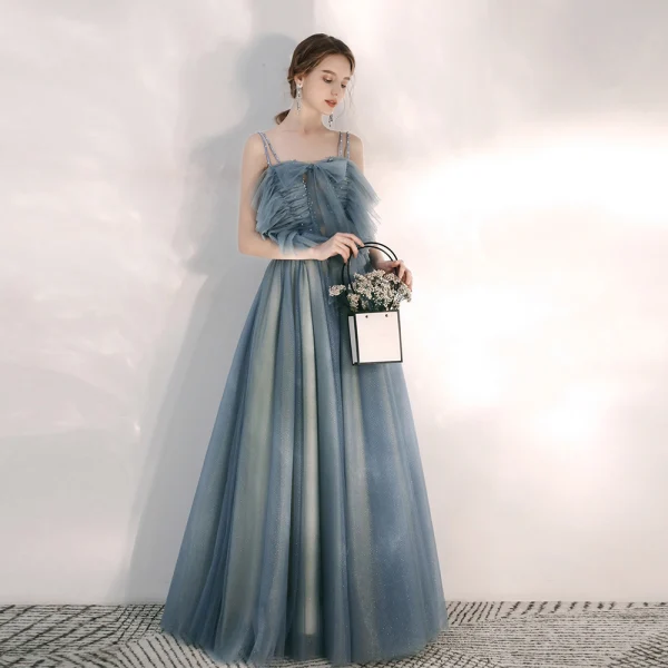 Elegante Meeresblau Abendkleider 2020 A Linie Spaghettiträger Ärmellos Perlenstickerei Strass Glanz Tülle Lange Rüschen Rückenfreies Festliche Kleider