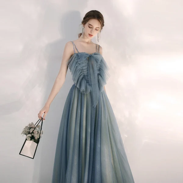 Elegante Meeresblau Abendkleider 2020 A Linie Spaghettiträger Ärmellos Perlenstickerei Strass Glanz Tülle Lange Rüschen Rückenfreies Festliche Kleider