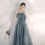 Elegante Meeresblau Abendkleider 2020 A Linie Spaghettiträger Ärmellos Perlenstickerei Strass Glanz Tülle Lange Rüschen Rückenfreies Festliche Kleider