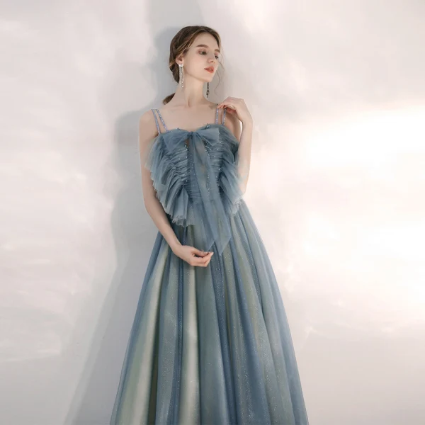 Elegante Meeresblau Abendkleider 2020 A Linie Spaghettiträger Ärmellos Perlenstickerei Strass Glanz Tülle Lange Rüschen Rückenfreies Festliche Kleider