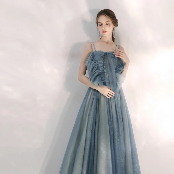 Elegante Meeresblau Abendkleider 2020 A Linie Spaghettiträger Ärmellos Perlenstickerei Strass Glanz Tülle Lange Rüschen Rückenfreies Festliche Kleider