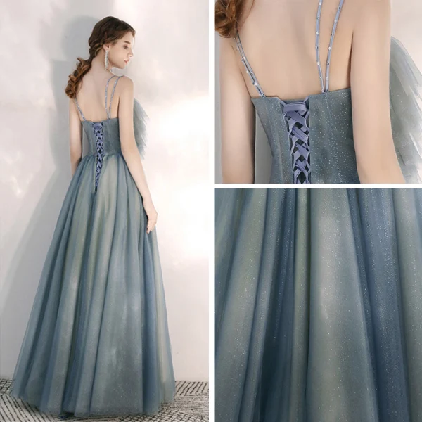 Elegante Meeresblau Abendkleider 2020 A Linie Spaghettiträger Ärmellos Perlenstickerei Strass Glanz Tülle Lange Rüschen Rückenfreies Festliche Kleider