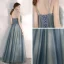 Elegante Meeresblau Abendkleider 2020 A Linie Spaghettiträger Ärmellos Perlenstickerei Strass Glanz Tülle Lange Rüschen Rückenfreies Festliche Kleider