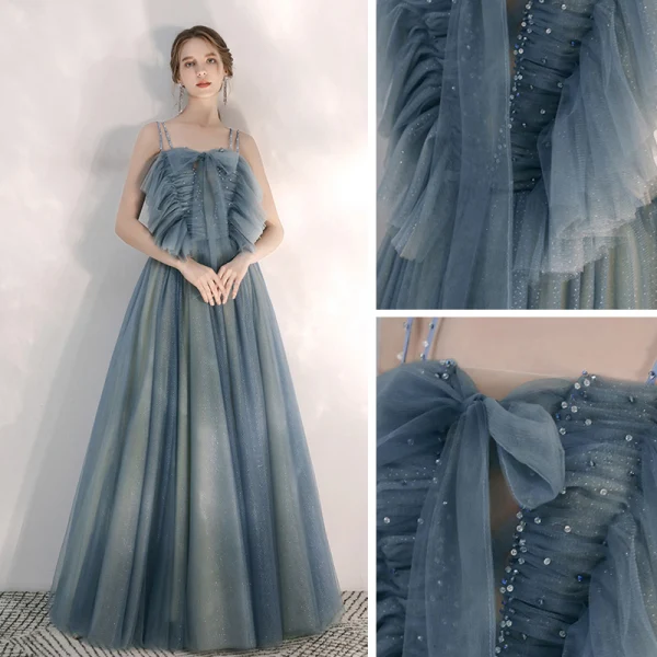 Elegante Meeresblau Abendkleider 2020 A Linie Spaghettiträger Ärmellos Perlenstickerei Strass Glanz Tülle Lange Rüschen Rückenfreies Festliche Kleider