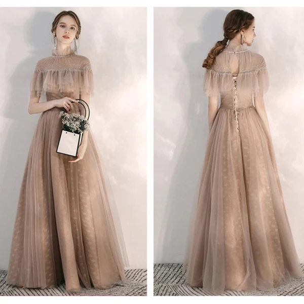 Vintage / Retro Champagne Evening Dresses 2020 A-Line / Princess See-through High Neck Short Sleeve Beading Crystal Floor-Length / Long Backless Formal Dresses