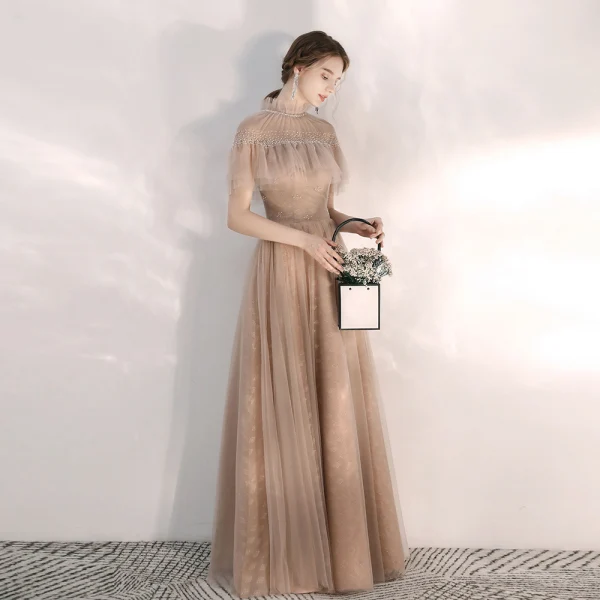 Vintage / Retro Champagne Evening Dresses 2020 A-Line / Princess See-through High Neck Short Sleeve Beading Crystal Floor-Length / Long Backless Formal Dresses