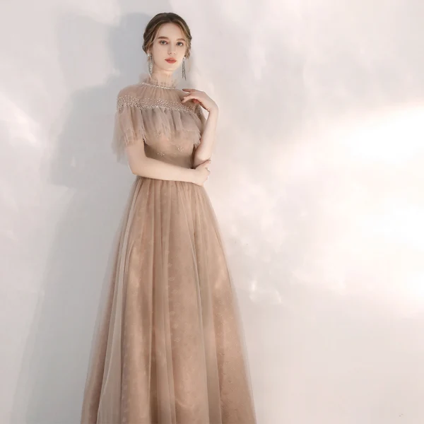 Vintage / Retro Champagne Evening Dresses 2020 A-Line / Princess See-through High Neck Short Sleeve Beading Crystal Floor-Length / Long Backless Formal Dresses