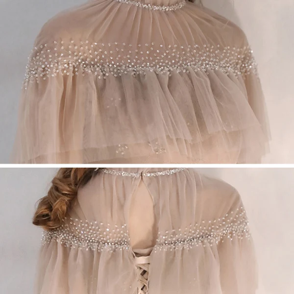 Vintage / Retro Champagne Evening Dresses 2020 A-Line / Princess See-through High Neck Short Sleeve Beading Crystal Floor-Length / Long Backless Formal Dresses