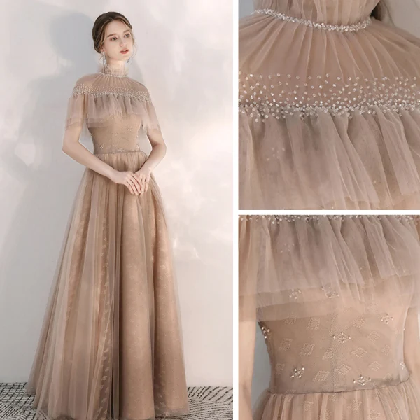 Vintage / Retro Champagne Evening Dresses 2020 A-Line / Princess See-through High Neck Short Sleeve Beading Crystal Floor-Length / Long Backless Formal Dresses