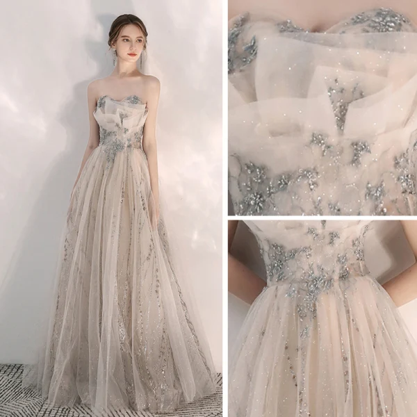 Stilig Champagne Selskapskjoler 2020 Prinsesse Kjæreste Uten Ermer Appliques Beading Paljetter Glitter Tyll Lange Buste Ryggløse Formelle Kjoler