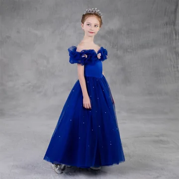 Cinderella Royal Blue Birthday Flower Girl Dresses 2020 Princess Off The Shoulder Short Sleeve Backless Appliques Butterfly Beading Pearl Floor Length Long Ruffle