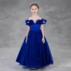 Cinderella Royal Blue Birthday Flower Girl Dresses 2020 Princess Off-The-Shoulder Short Sleeve Backless Appliques Butterfly Beading Pearl Floor-Length / Long Ruffle