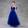 Cinderella Royal Blue Birthday Flower Girl Dresses 2020 Princess Off-The-Shoulder Short Sleeve Backless Appliques Butterfly Beading Pearl Floor-Length / Long Ruffle