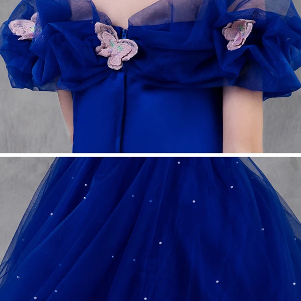 Cinderella Royal Blue Birthday Flower Girl Dresses 2020 Princess Off-The-Shoulder Short Sleeve Backless Appliques Butterfly Beading Pearl Floor-Length / Long Ruffle