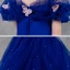 Cinderella Royal Blue Birthday Flower Girl Dresses 2020 Princess Off-The-Shoulder Short Sleeve Backless Appliques Butterfly Beading Pearl Floor-Length / Long Ruffle