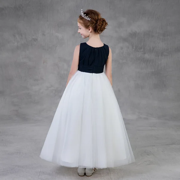 Two Tone Black White Flower Girl Dresses 2020 A-Line / Princess Scoop Neck Sleeveless Floor-Length / Long Ruffle