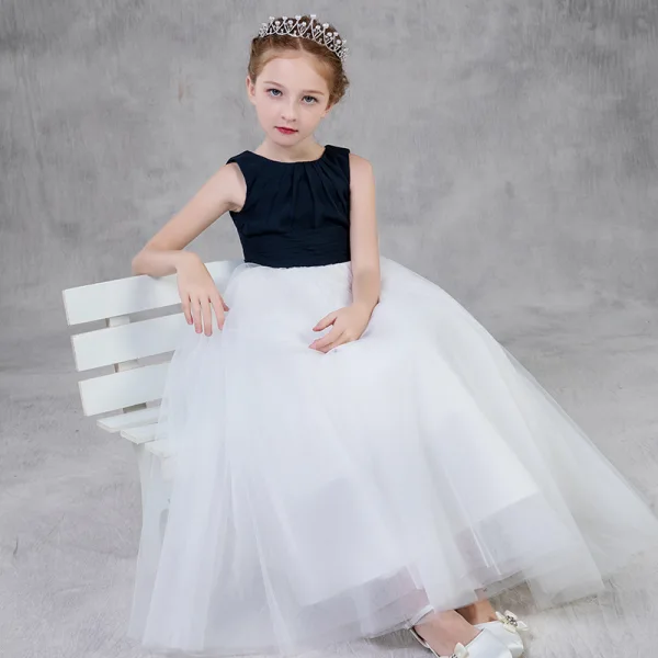 Two Tone Black White Flower Girl Dresses 2020 A-Line / Princess Scoop Neck Sleeveless Floor-Length / Long Ruffle