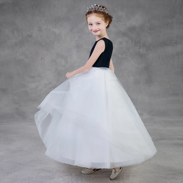 Two Tone Black White Flower Girl Dresses 2020 A-Line / Princess Scoop Neck Sleeveless Floor-Length / Long Ruffle