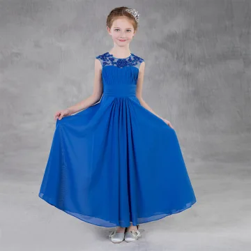Chic Belle Bleu Roi Chiffon Robe Ceremonie Fille 2020 Princesse Encolure Dégagée Dos Nu Sans Manches Appliques En Dentelle Paillettes Perlage Longue Volants