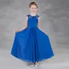 Hermoso Azul Real Gasa Vestidos para niñas 2020 A-Line / Princess Scoop Escote Sin Espalda Sin Mangas Apliques Con Encaje Lentejuelas Rebordear Largos Ruffle