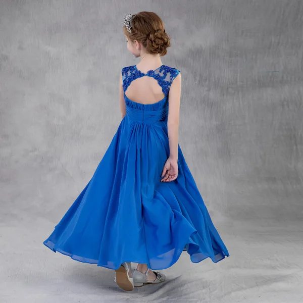 Chic / Beautiful Royal Blue Chiffon Flower Girl Dresses 2020 A-Line / Princess Scoop Neck Backless Sleeveless Appliques Lace Sequins Beading Floor-Length / Long Ruffle