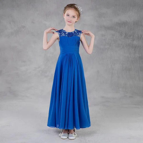Chic / Beautiful Royal Blue Chiffon Flower Girl Dresses 2020 A-Line / Princess Scoop Neck Backless Sleeveless Appliques Lace Sequins Beading Floor-Length / Long Ruffle