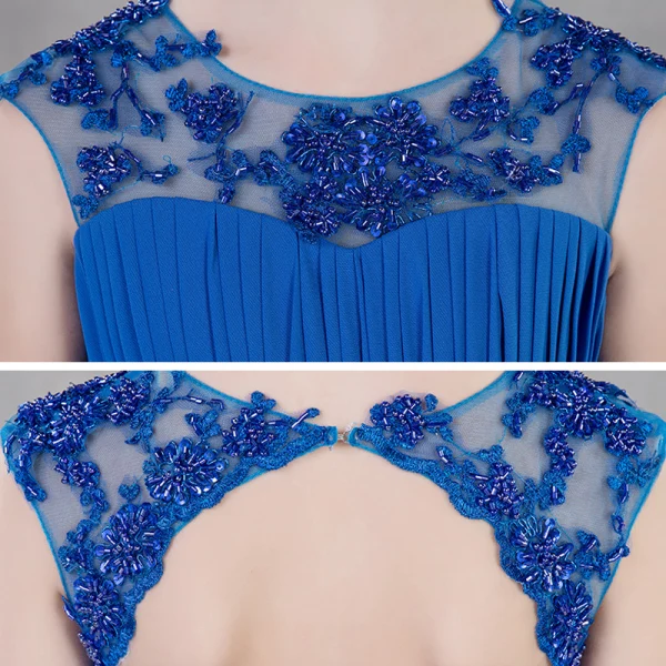 Chic / Beautiful Royal Blue Chiffon Flower Girl Dresses 2020 A-Line / Princess Scoop Neck Backless Sleeveless Appliques Lace Sequins Beading Floor-Length / Long Ruffle