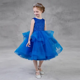 Chic Belle Bleu Roi Anniversaire Robe Ceremonie Fille 2020 Robe Boule Encolure Dégagée Sans Manches Glitter Polyester Thé Longueur Volants En Cascade