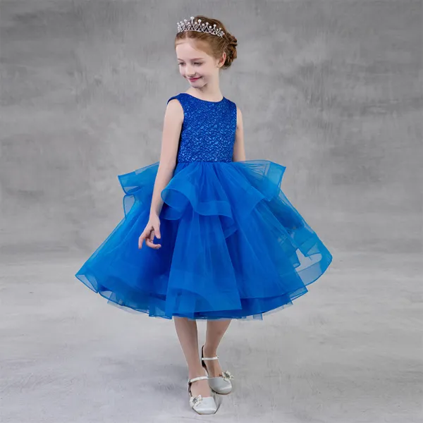 Chic / Beautiful Royal Blue Birthday Flower Girl Dresses 2020 Ball Gown Scoop Neck Sleeveless Glitter Polyester Tea-length Cascading Ruffles