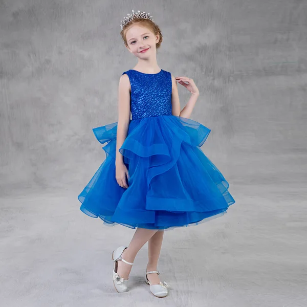 Chic / Beautiful Royal Blue Birthday Flower Girl Dresses 2020 Ball Gown Scoop Neck Sleeveless Glitter Polyester Tea-length Cascading Ruffles
