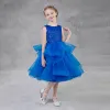 Chic / Beautiful Royal Blue Birthday Flower Girl Dresses 2020 Ball Gown Scoop Neck Sleeveless Glitter Polyester Tea-length Cascading Ruffles