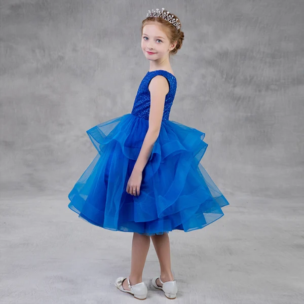 Chic / Beautiful Royal Blue Birthday Flower Girl Dresses 2020 Ball Gown Scoop Neck Sleeveless Glitter Polyester Tea-length Cascading Ruffles
