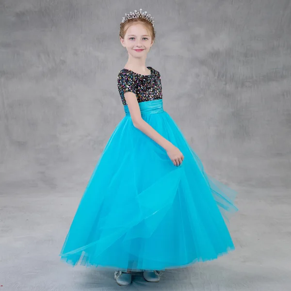 Chic / Beautiful Jade Green Birthday Flower Girl Dresses 2020 Empire Scoop Neck Short Sleeve Sequins Floor-Length / Long Ruffle