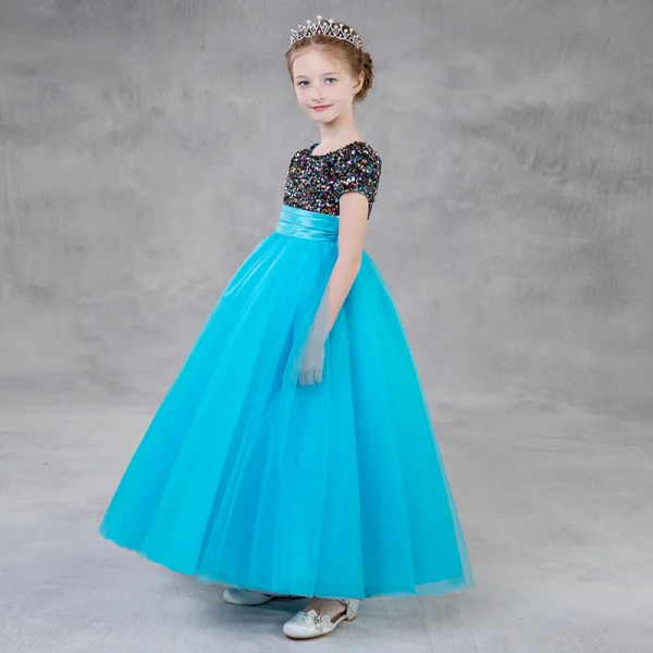 Chic / Beautiful Jade Green Birthday Flower Girl Dresses 2020 Empire Scoop Neck Short Sleeve Sequins Floor-Length / Long Ruffle