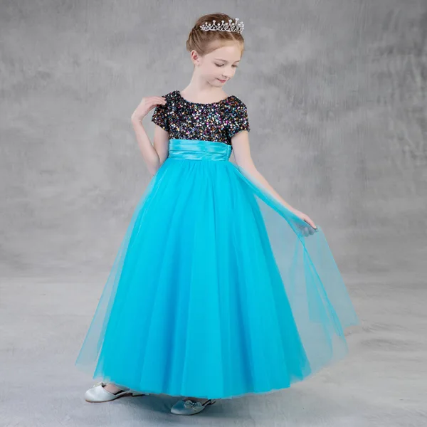 Chic / Beautiful Jade Green Birthday Flower Girl Dresses 2020 Empire Scoop Neck Short Sleeve Sequins Floor-Length / Long Ruffle