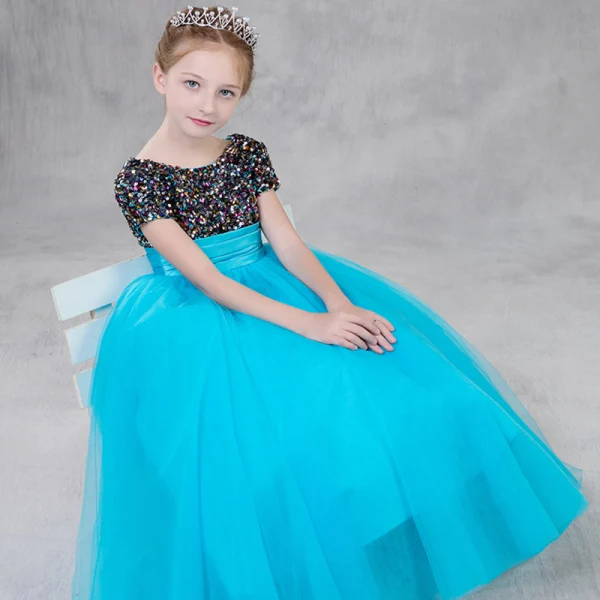 Chic / Beautiful Jade Green Birthday Flower Girl Dresses 2020 Empire Scoop Neck Short Sleeve Sequins Floor-Length / Long Ruffle