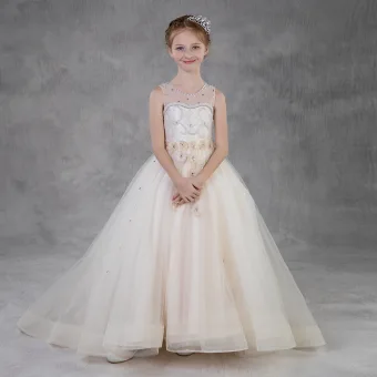 Elegant Champagne Birthday Flower Girl Dresses 2020 Ball Gown See Through Scoop Neck Sleeveless Backless Appliques Flower Rhinestone Beading Pearl Sweep Train Ruffle