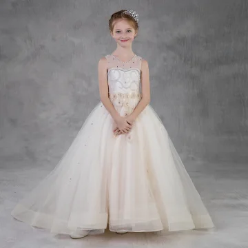 Elegant Champagne Birthday Flower Girl Dresses 2020 Ball Gown See Through Scoop Neck Sleeveless Backless Appliques Flower Rhinestone Beading Pearl Sweep Train Ruffle
