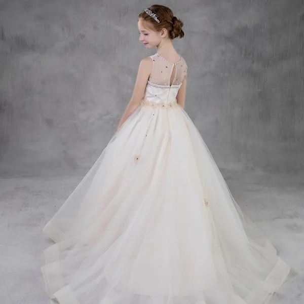 Elegant Champagne Birthday Flower Girl Dresses 2020 Ball Gown See-through Scoop Neck Sleeveless Backless Appliques Flower Rhinestone Beading Pearl Sweep Train Ruffle